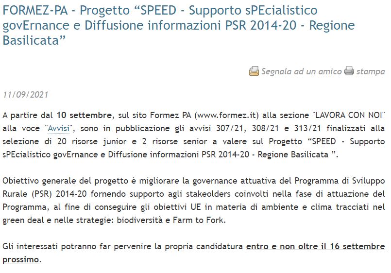 FORMEZ-PA – Progetto “SPEED – Supporto sPEcialistico govErnance e Diffusione informazioni PSR 2014-20 – Regione Basilicata”